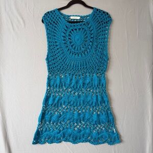 Orange Fashion Village Boho Crochet Dress Size S/M Blue Cover Up Tropical Beach